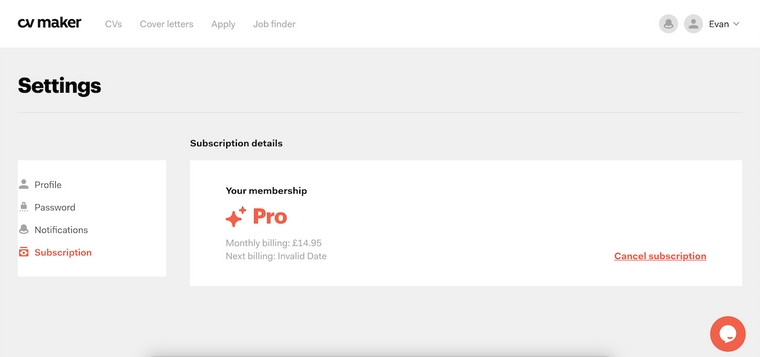 CVMaker - Batalkan langganan Anda melalui pengaturan akun